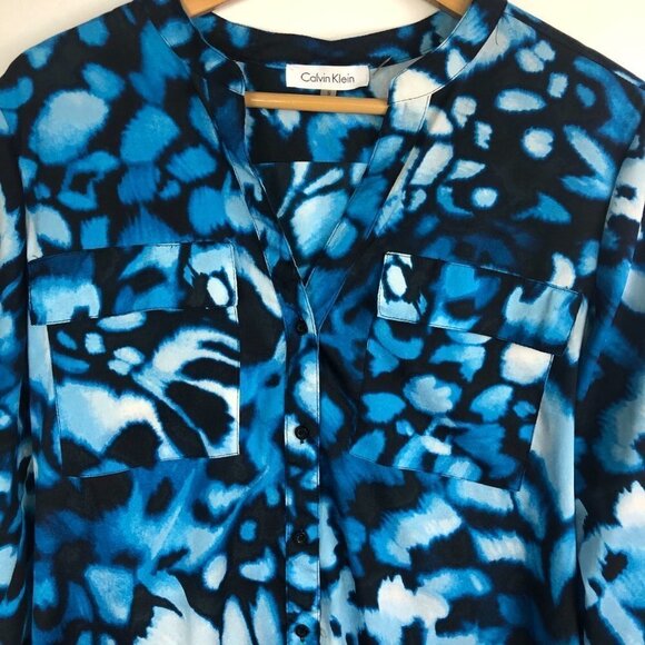 𝅺CALVIN Klein Black & Blue Tie Dye Long Sleeve Button Down Top size Small - Picture 3 of 8
